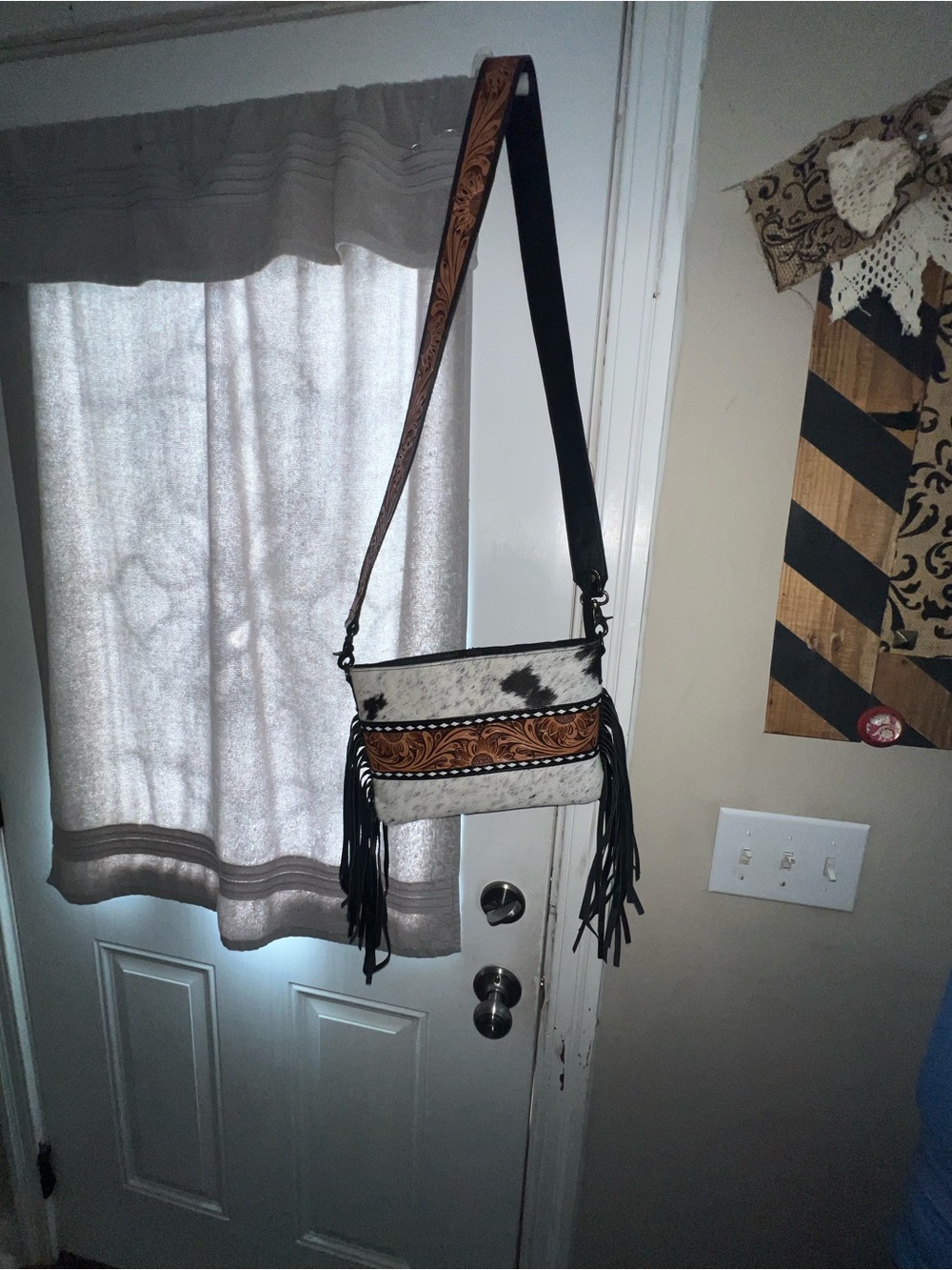 Fringed Tooled Leather Crossbody Bag in Black & White